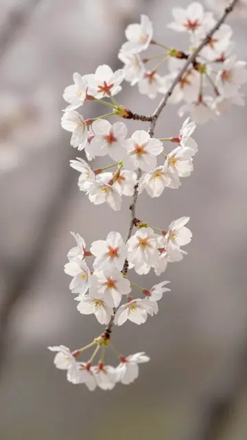 Delicate white cherry blossom branch hangs against a soft blurred bokeh background in gentle morning light