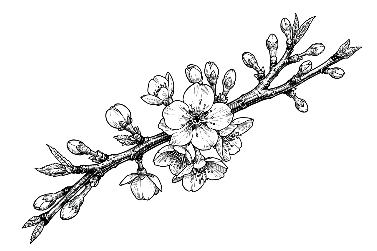 Detailed pen and ink illustration of a cherry blossom branch with open flowers and closed buds on a plain white background