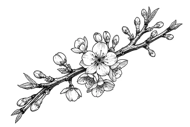 Detailed pen and ink illustration of a cherry blossom branch with open flowers and closed buds on a plain white background