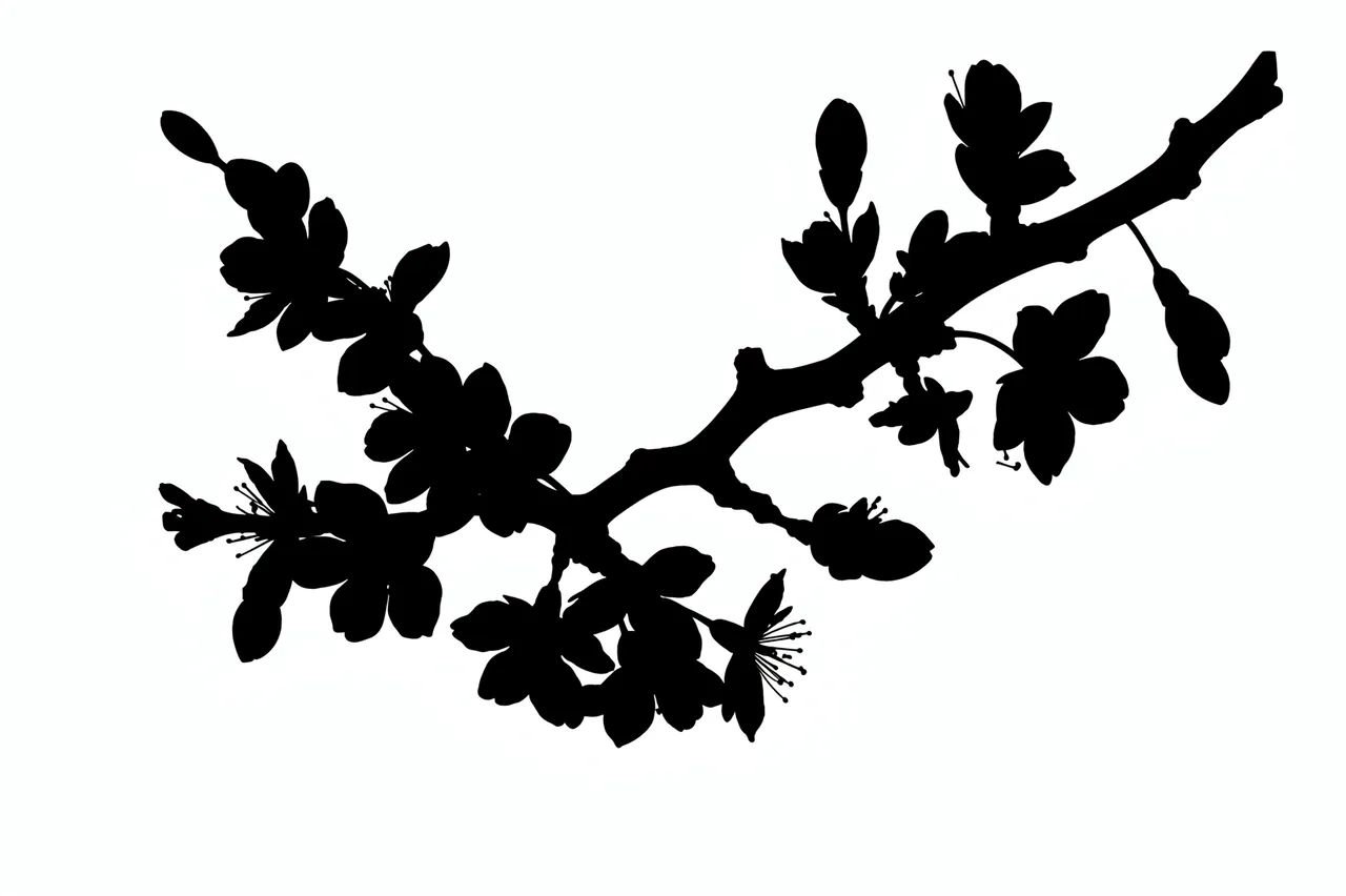 Solid black silhouette of a cherry blossom branch with open flowers and buds on a plain white background