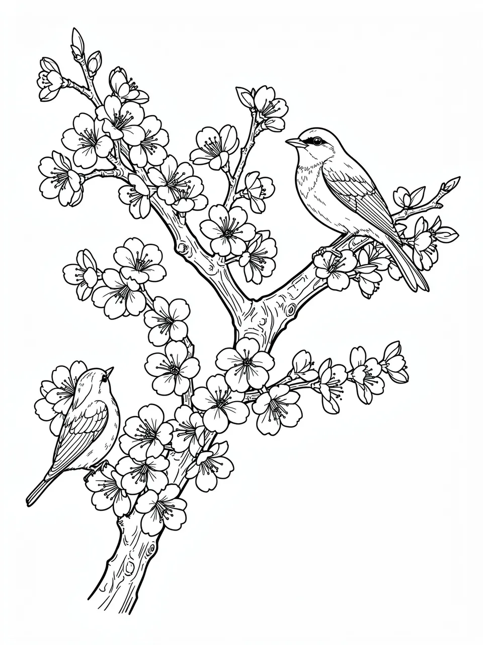Black and white line art of a cherry blossom branch with two small songbirds perched among flowers.