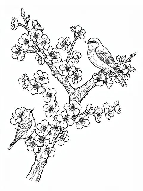 Black and white line art of a cherry blossom branch with two small songbirds perched among flowers.