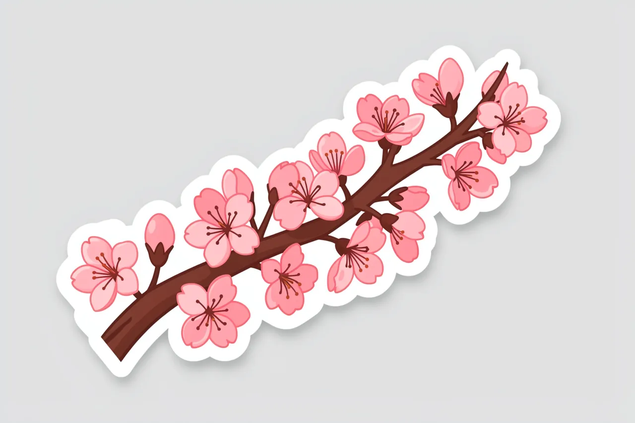 A die-cut sticker of a blooming cherry blossom branch with a thick white border on a light gray background