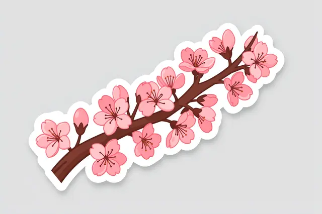 A die-cut sticker of a blooming cherry blossom branch with a thick white border on a light gray background
