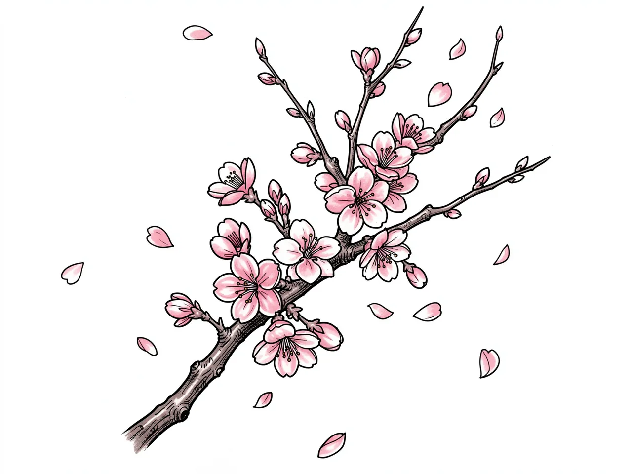 Illustrated cherry blossom branch with pink blooms and falling petals on a plain white background
