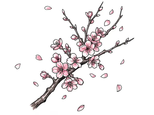 Illustrated cherry blossom branch with pink blooms and falling petals on a plain white background