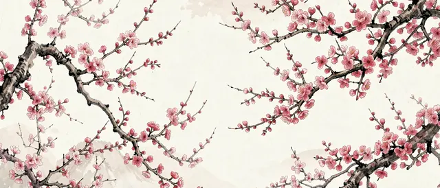 Ink and soft color illustration of flowering cherry and plum branches against a pale off-white background