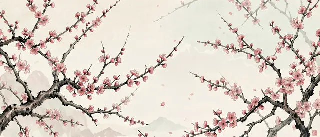 Ink style illustration of pink cherry blossom branches stretching across a soft pale sky