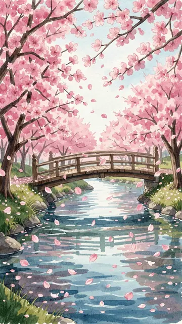 A watercolor gouache painting of falling cherry blossom petals over a calm river with a wooden footbridge