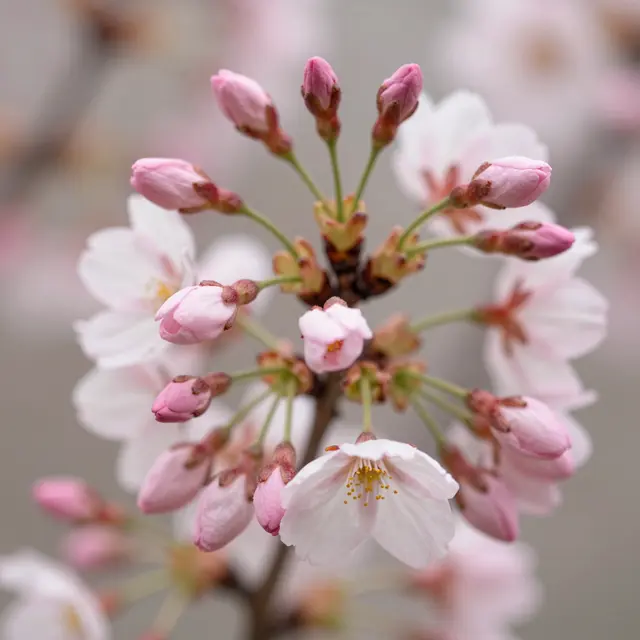 Close-up macro shot of cherry blossom cluster with pink unopened buds and soft white open flowers