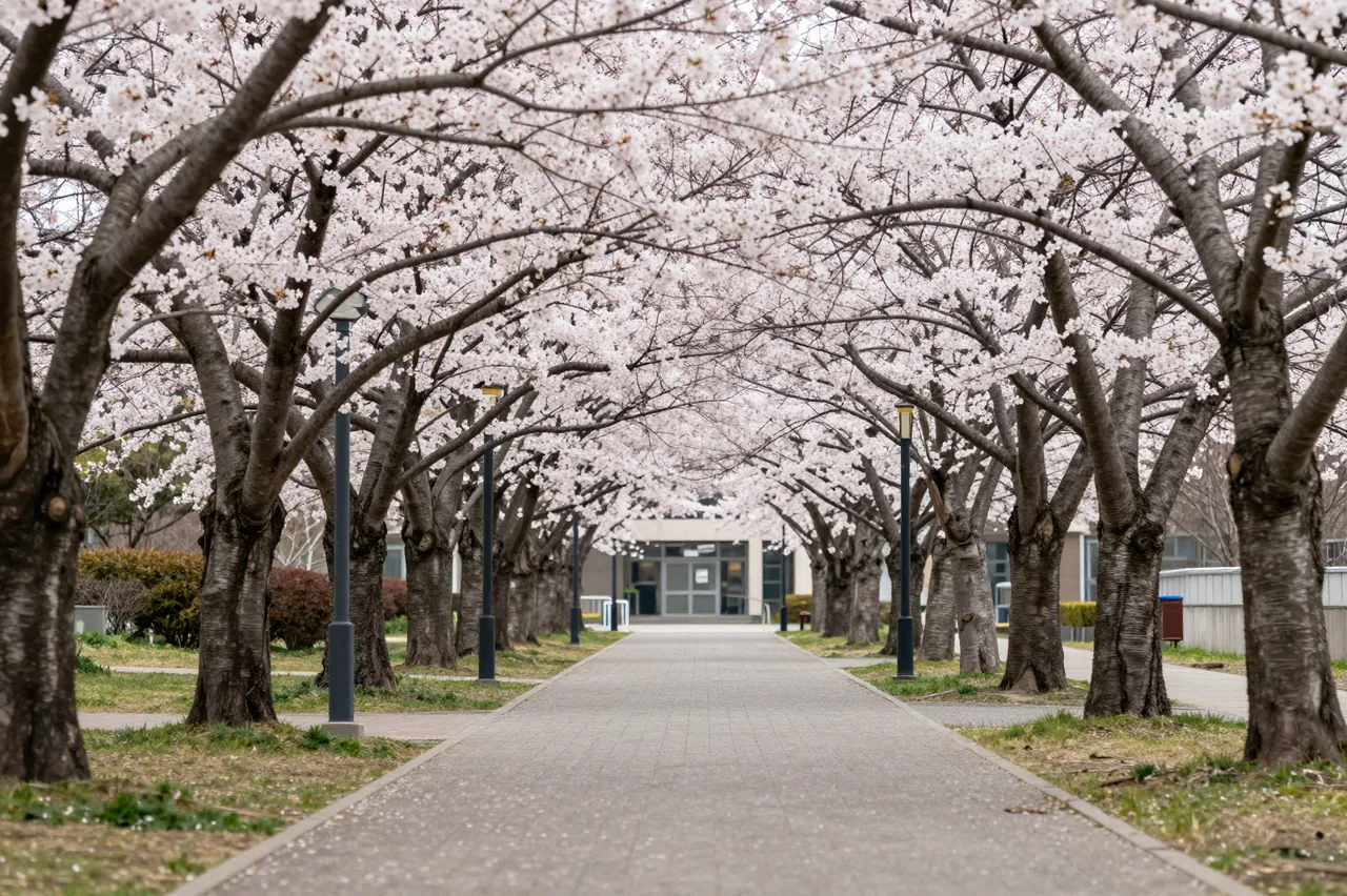 A paved campus walkway lined with blooming cherry blossom trees leads to a distant building in spring.
