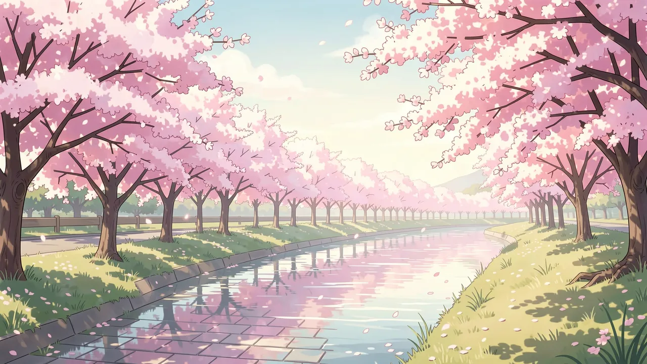 Anime-style illustration of a canal lined with blooming cherry trees under soft pale morning light