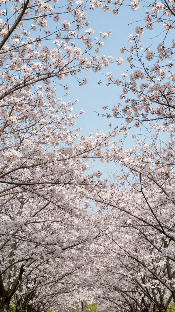 Low angle view looking up through delicate pink cherry blossom branches against a pale blue sky