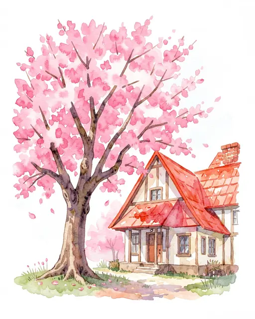 Soft watercolor painting of a blooming cherry blossom tree next to a red-roofed cottage in spring
