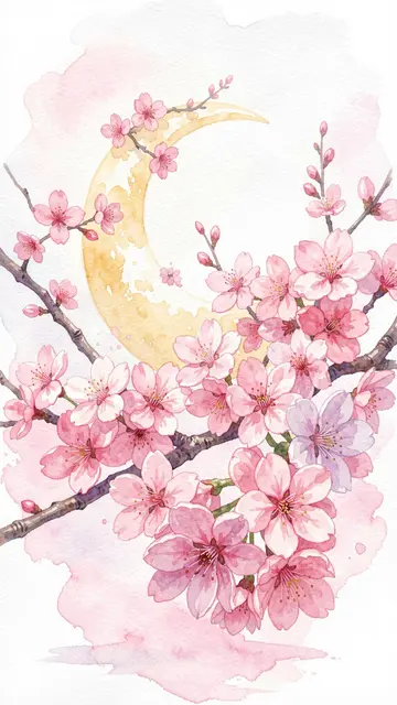 Watercolor illustration of pink cherry blossom branches arranged in front of a soft golden crescent moon