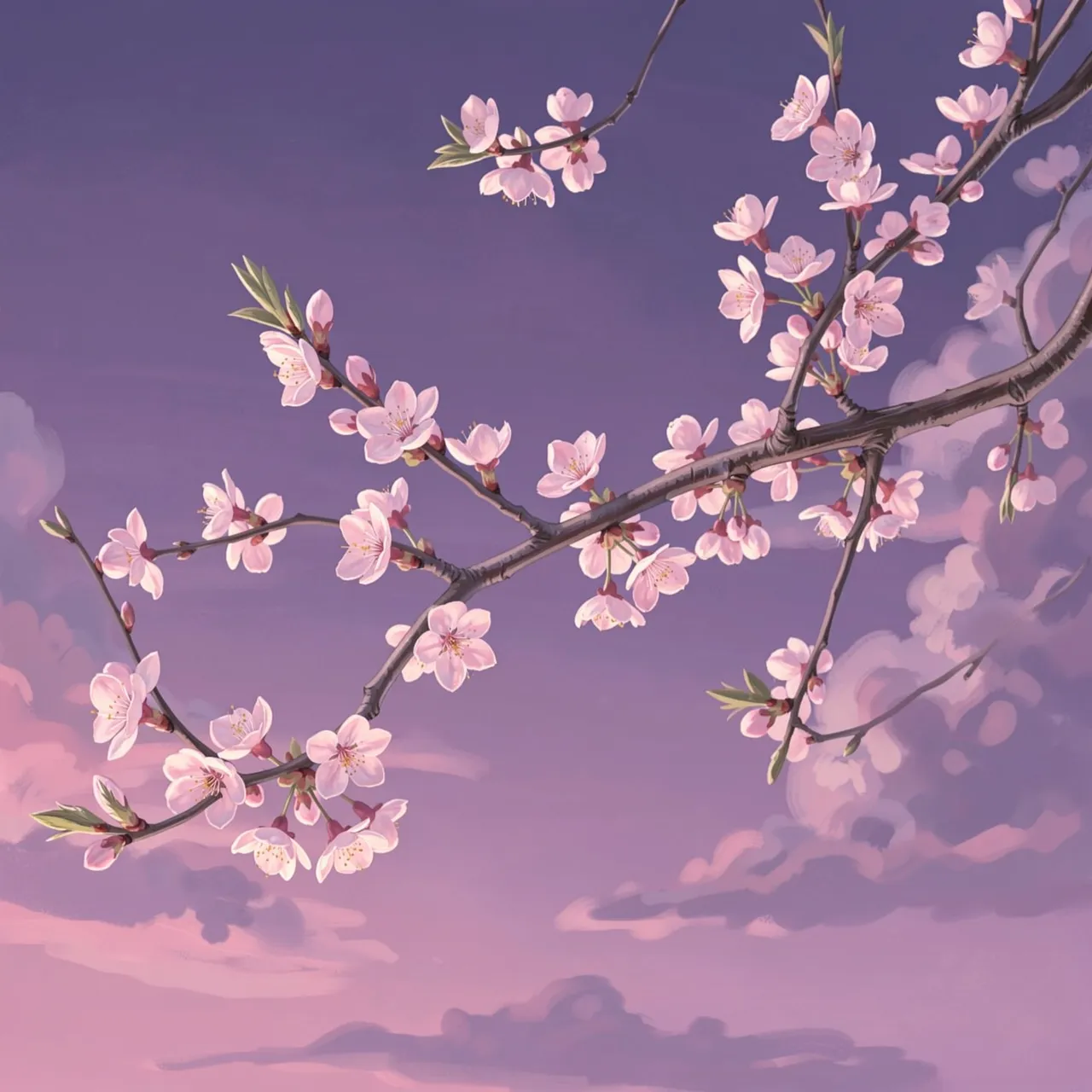 A blooming cherry branch stretches across a soft gradient dusky violet evening sky