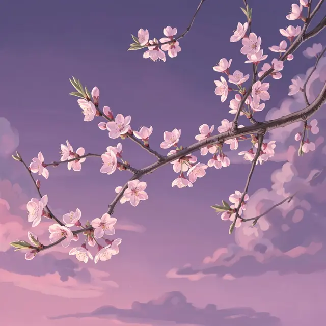 A blooming cherry branch stretches across a soft gradient dusky violet evening sky