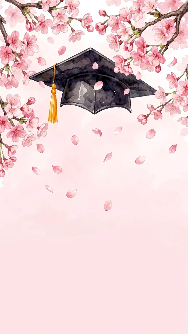 A watercolor graduation cap framed by cherry blossom branches with falling petals on pale pink empty space.