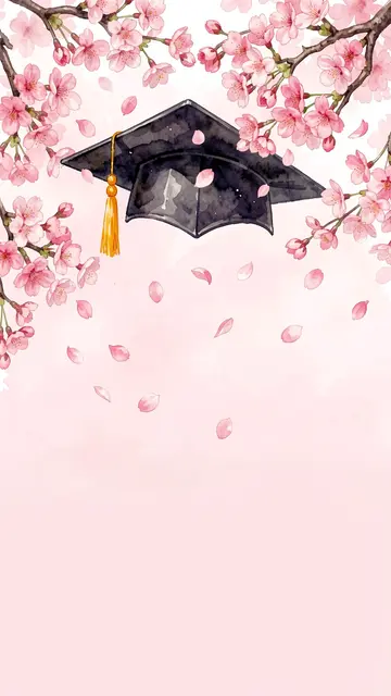 A watercolor graduation cap framed by cherry blossom branches with falling petals on pale pink empty space.