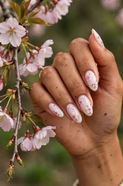 A Southeast Asian woman's hand with almond cherry blossom nail art rests beside a blossoming cherry branch.