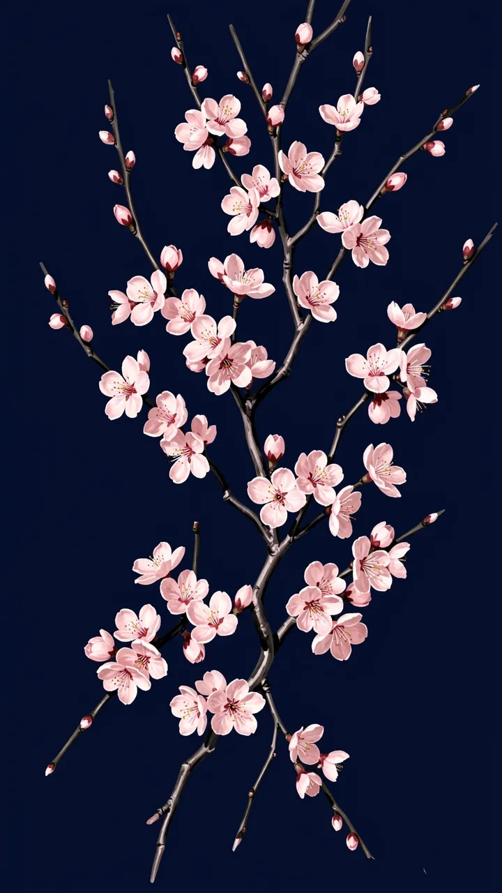 Hand-painted pale pink cherry blossom sprigs arranged against a deep navy blue background
