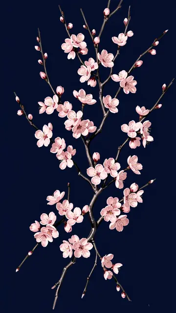 Hand-painted pale pink cherry blossom sprigs arranged against a deep navy blue background