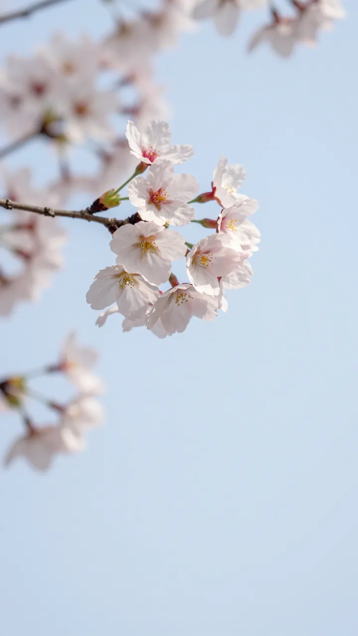 In focus pale pink cherry blossom cluster on a branch against a soft blurred pale blue sky