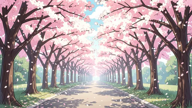 Anime-style illustration of a straight paved path under a tunnel of blooming cherry trees with drifting pink petals