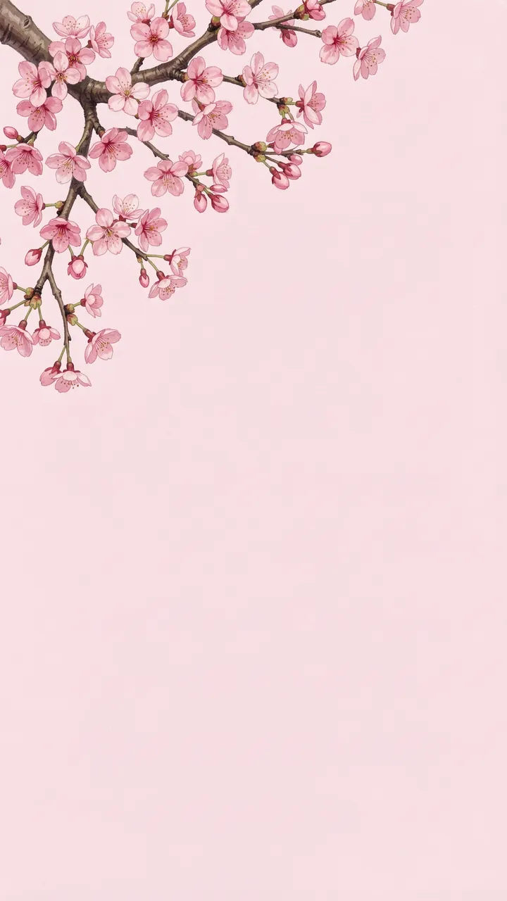 Cherry blossom branches with pink blooms sit in the top left corner over empty pale pink copy space.