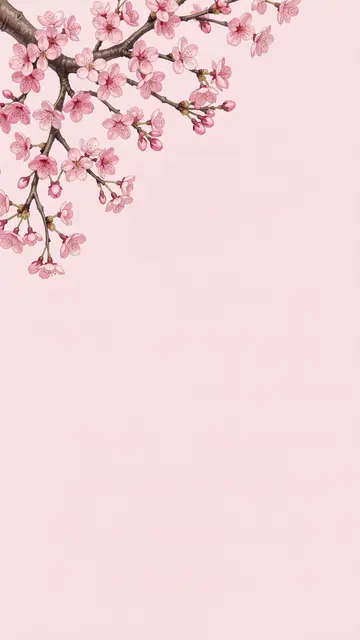 Cherry blossom branches with pink blooms sit in the top left corner over empty pale pink copy space.