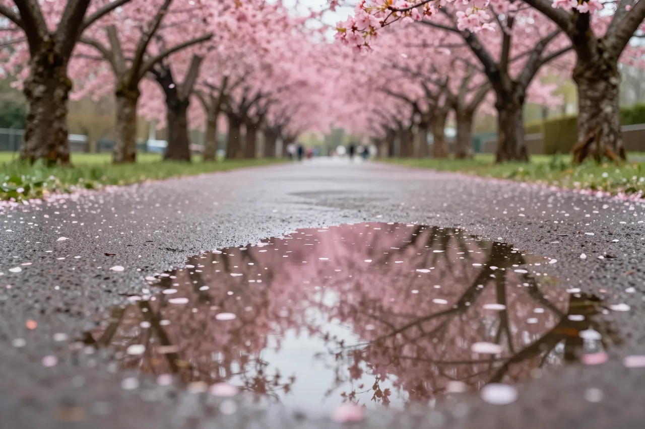 Low-angle view of a rain puddle reflecting pink blooming cherry trees with floating petals on a park path