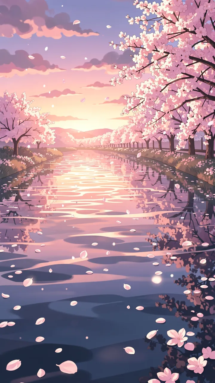 Anime style illustration of floating cherry blossom petals over a calm river at pastel dusk