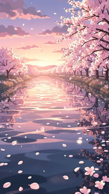Anime style illustration of floating cherry blossom petals over a calm river at pastel dusk