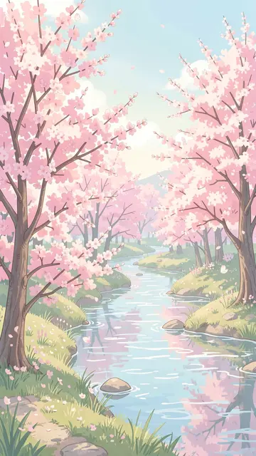 Pastel illustration of blossoming cherry trees lining a winding calm river under a soft sky