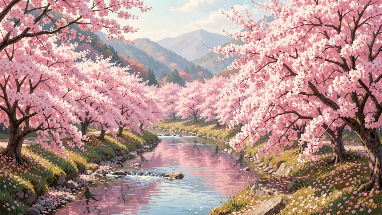A serene painterly landscape of a river winding through a valley lined with blooming pink cherry trees and distant mountains