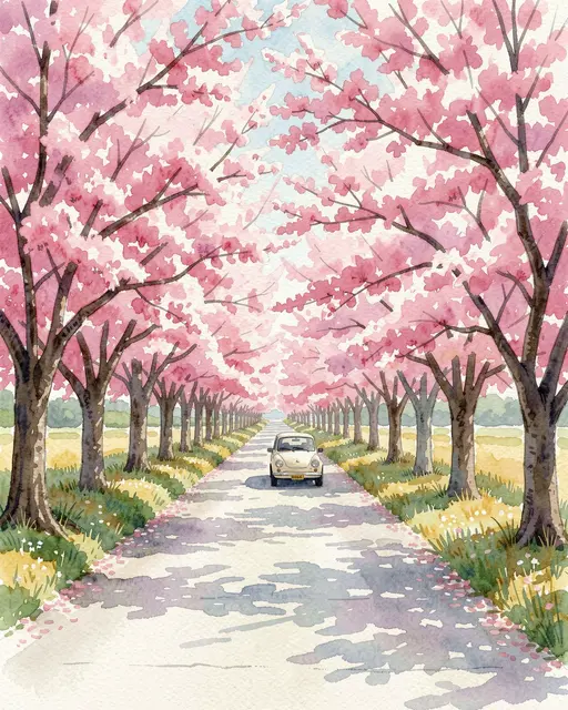 Watercolor painting of a country lane lined with blooming cherry trees and a small cream vintage car in the center of the