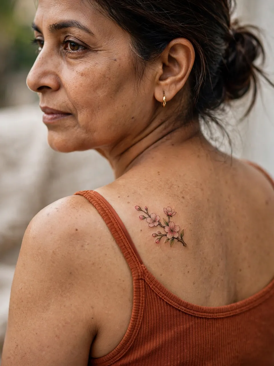 Profile view of a South Asian woman in a rust tank top showing her cherry blossom shoulder blade tattoo