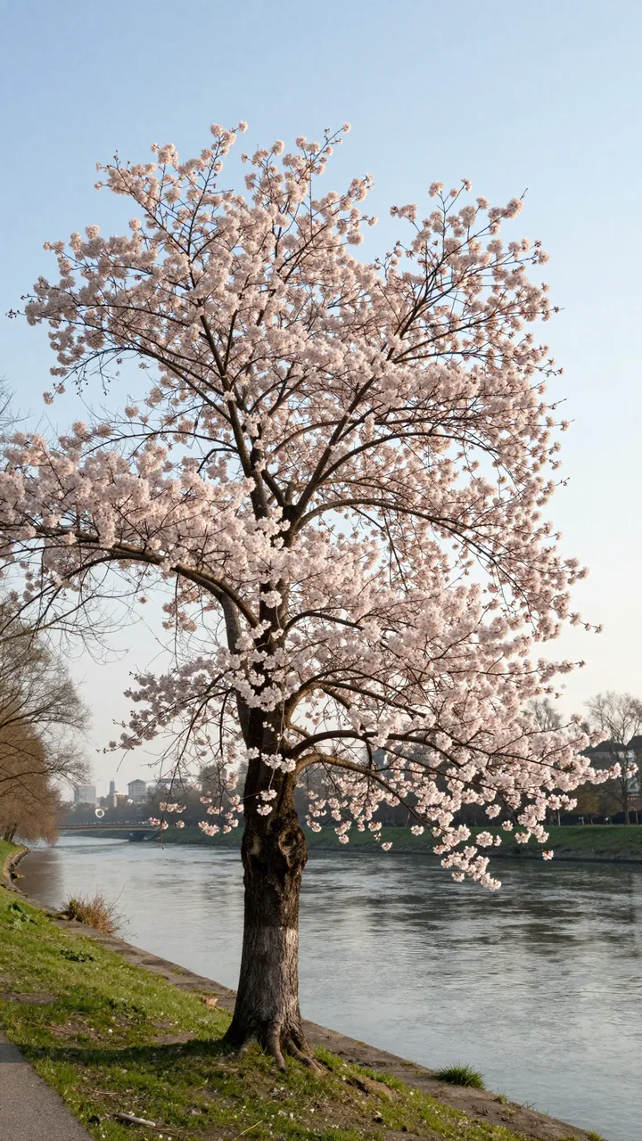 Blooming pink cherry tree stands beside a calm river under a pale dawn sky