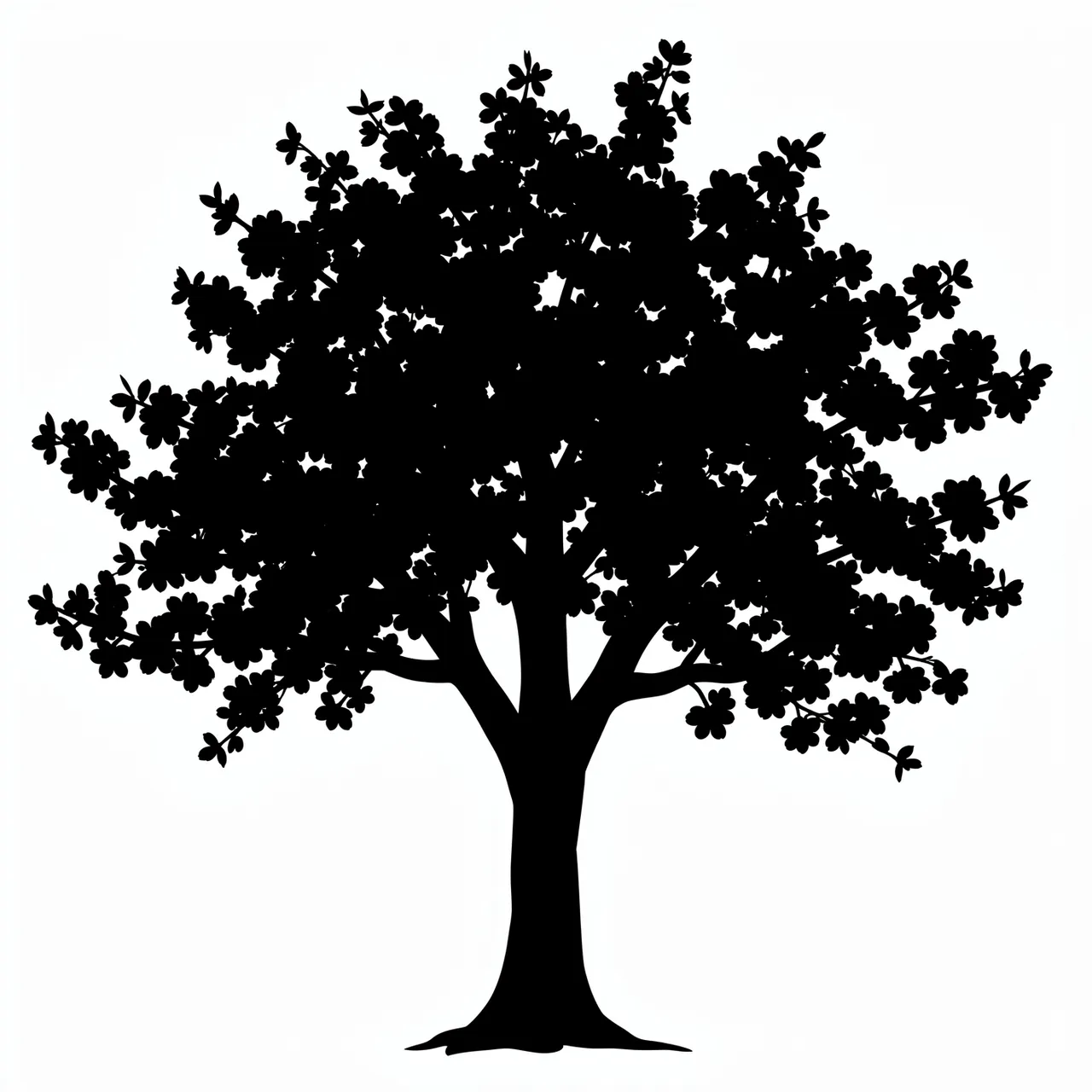 Solid black full bloom cherry blossom tree silhouette against a plain white background