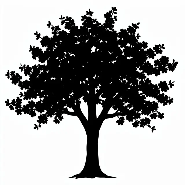 Solid black full bloom cherry blossom tree silhouette against a plain white background