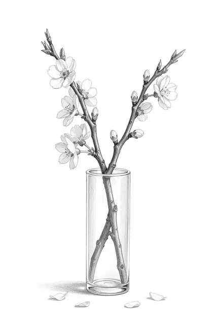 Graphite pencil sketch of cherry blossom branches in a slim glass vase with fallen petals on white paper