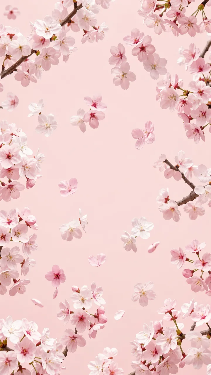 Falling and framed cherry blossoms rest on a soft pale pink vertical background