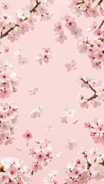 Falling and framed cherry blossoms rest on a soft pale pink vertical background