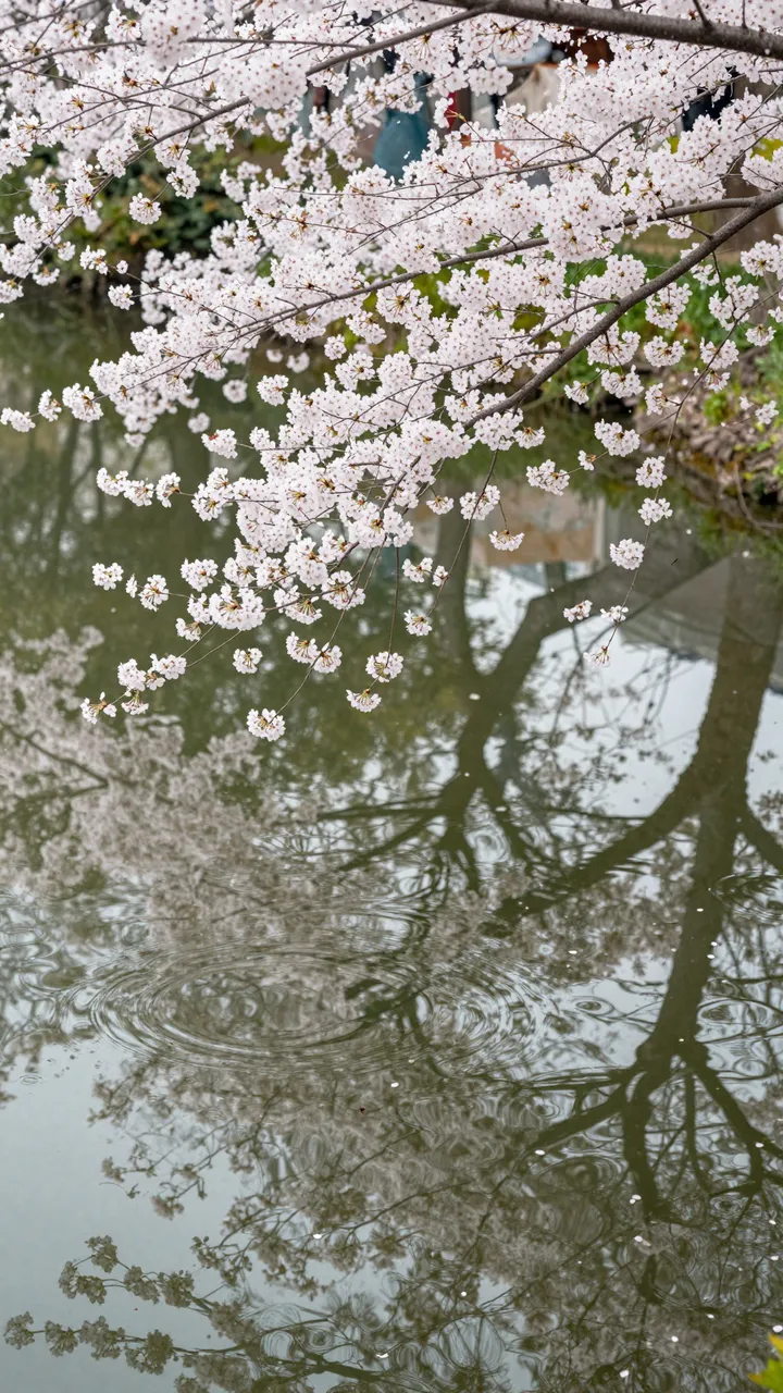 Delicate pale cherry blossom branches hang over a rippled pond with soft mirrored reflections.