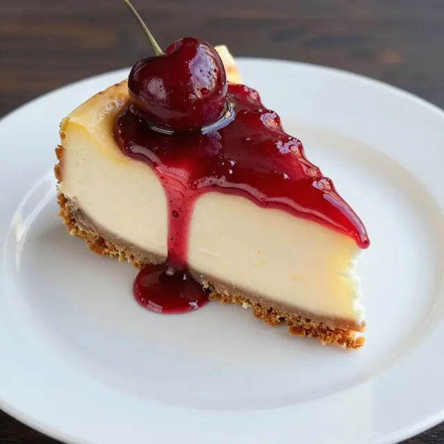 A slice of cherry cheesecake with glossy cherry sauce and a whole cherry sits on a white plate atop a dark wooden table