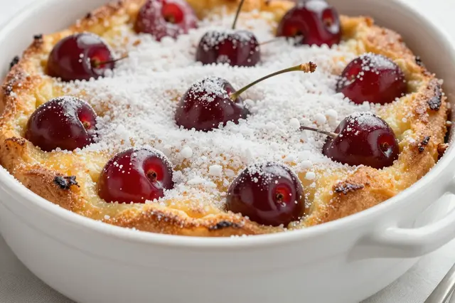 Fresh cherry clafoutis dusted with powdered sugar in a white ceramic baking dish