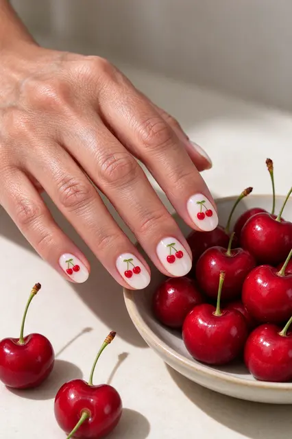 A hand with cherry design manicure rests near a bowl of fresh red cherries on a light tabletop