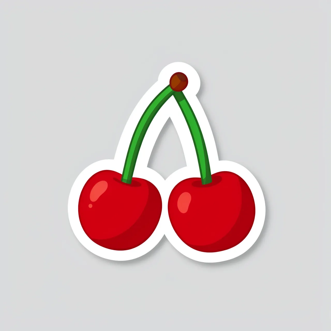 Cute flat illustration sticker of two red cherries with joined green stems on a light gray background