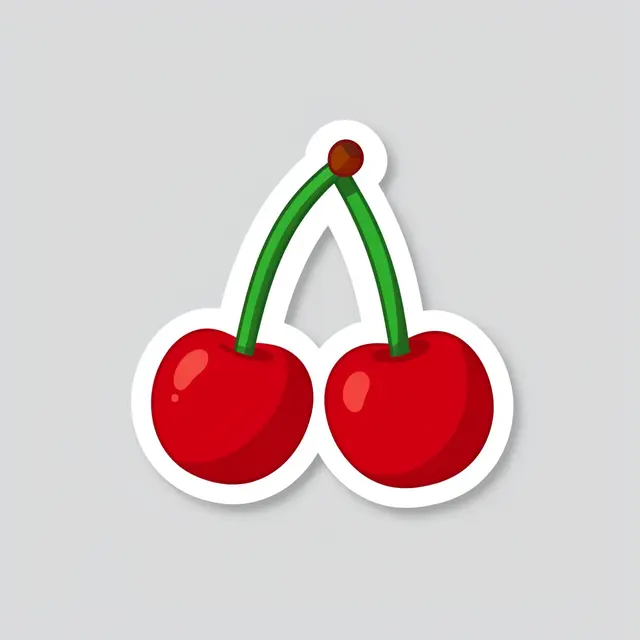 Cute flat illustration sticker of two red cherries with joined green stems on a light gray background