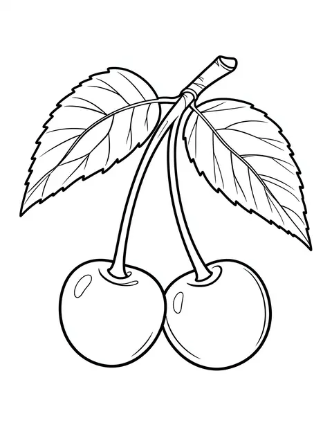 Black and white line art of two cherries hanging from a leafy stem on a plain white background
